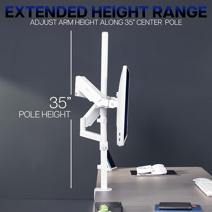 VIVO Dual Monitor Arm Extra Tall Mount for Screens up to 32 inches, Mechanical Height Adjustment, Full Articulating Heavy Duty VESA Stand with Desk C-clamp and Grommet, White, STAND-V012KW - Image 4