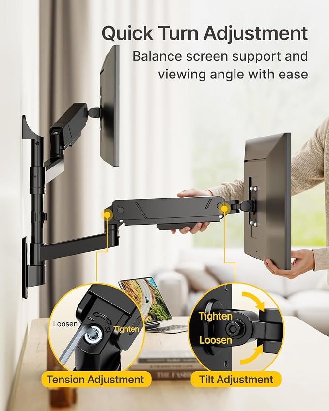 monTEK Vertical Dual Monitor Wall Mount for 17-35" Screens, 35.2 Lbs Each | Heavy Duty Dual Monitor Arm, Full Motion, 75x75/100x100 Compatible, for Flat/Curved Monitors, Home Office & Gaming, Black - Image 6