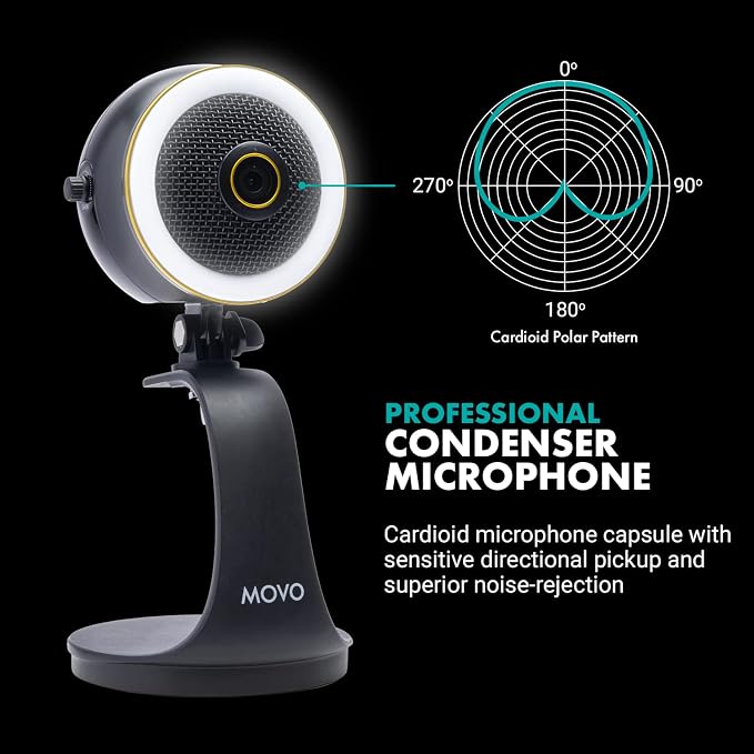 Movo WebMic HD Pro All-in-One Webcam with Microphone and Ring Light- 1080p HD Camera, Pro Cardioid Condenser Microphone, LED Ring Light -HD Webcam for Streaming, Video Conferencing, Recording, Gaming - Image 5
