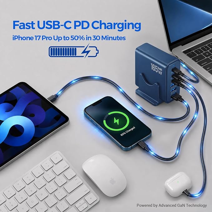 165W GaN Charging Station, 6-Port USB C & USB A Charger, Navy Blue | 165W GaN, 6-Port USB Charging Station, 3x40W USB-C + 3x15W USB-A, ABS+PC, Charge 6 Devices, Home Office Travel - Image 3