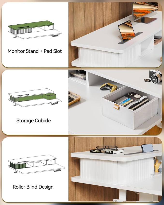 JOY worker 35" Small Electric Standing Desk with Monitor Stand & Storage | White 35" x 25" Height Adjustable Desk for Tight Space, Shutter Door & Drawer, Sit Stand Table with 2 Hooks for Home Office - Image 4