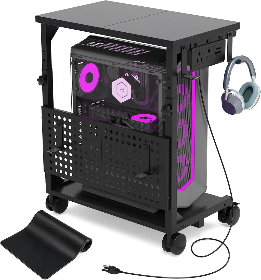 Adjustable Computer Tower Stand with Charging Station & Pegboard,Black by TFK