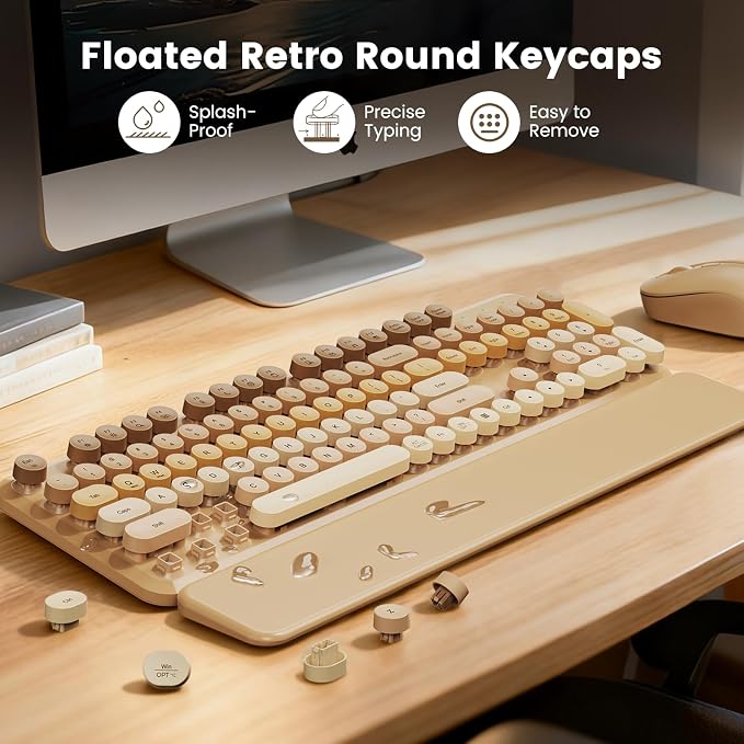 Wireless Keyboard and Mouse Combo, Full-Size Retro Typewriter Keyboard with Round Keycaps, Magnetic Wrist Rest & Tilt Legs, 2.4GHz Cordless for Mac/Windows PC/Laptop, SABLUTE CK23, Latte Gradient | Full-Size Retro Typewriter-Style Keyboard, Tilt Legs, ... - Image 4