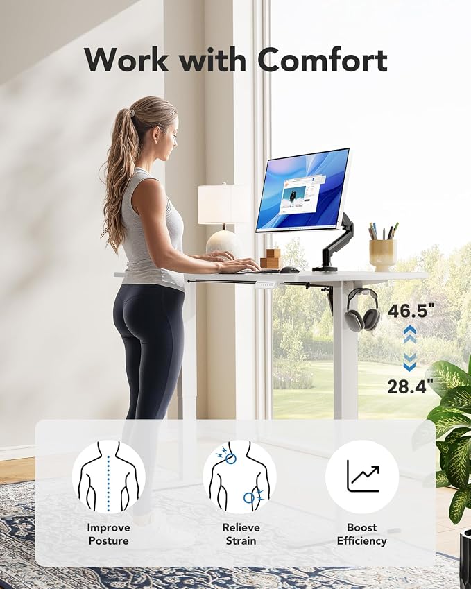 HUANUO Electric Standing Desk, Whole Piece Desktop, Adjustable Height Computer Desk, 4 Height Memory Settings, Sit Stand Up Desk for Home Office, 48" x 24", White - Image 6