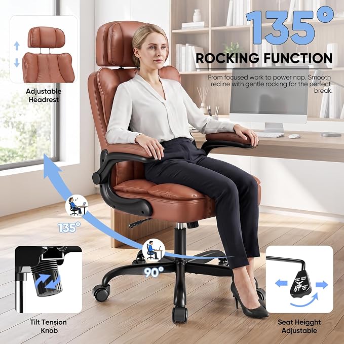 Kensaker Managerial Executive Chair with Adjustable Headrest | High Back Lumbar Support Computer Chair PU Leather Chairs Comfy with Double Padding & 135° Rocking for Home Office, Brown - Image 4