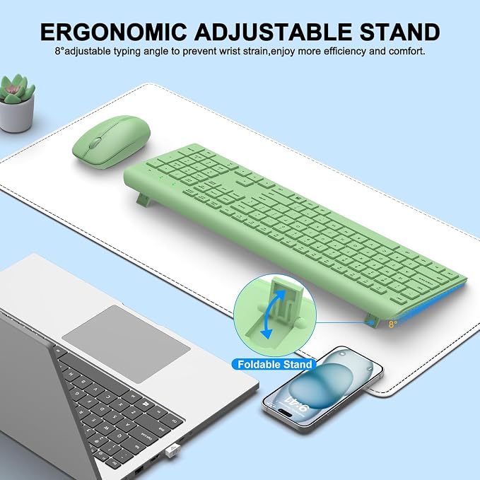 Wireless Keyboard and Mouse Combo, Full-Size Silent Ergonomic Keyboard and Optical Mouse, Long Battery Life, 2.4G Lag-Free Mice Keyboard for Mac, Laptop, PC, Windows(Avocado Green) - Image 4