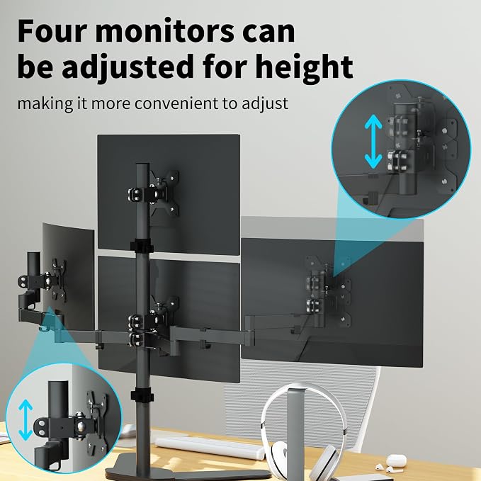 Pholiten Quad Monitor Freestanding Mount for 13-32 Inch Screens | Fully Adjustable 4 Monitor Stand with Base,Swivel, Tilt, Rotation,75 * 75MM/100 * 100MM Vesa Stand, Max Load 22lbs - Image 6