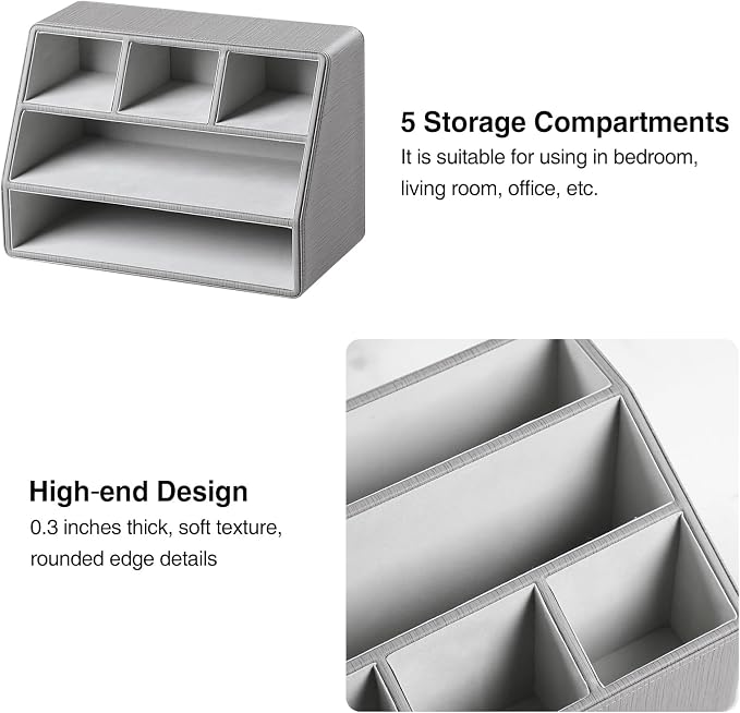 PU Leather Desk Organizer, Remote Control Holder, Grey | Luxury Nightstand Organizer for Home, Office Desk Accessories, Bedside Table Caddy with 5 Compartments, Velvet Lining - Image 5