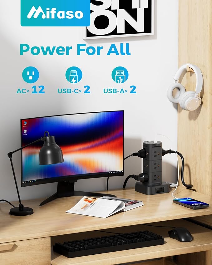 Charging Station Tower, 10Ft Power Strips with Surge Protection, Flat Plug | 12 Outlets 4 USB Ports, 1875W/15A 1080J Extension Cord with Multiple Outlets, Office Desk Supplies, Dorm Essentials - Image 3