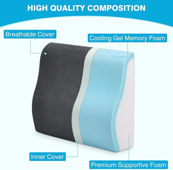 Back Support Pillow for Recliner Dual Layer Lumbar Support Pillow with Gel Memory Foam Ergonomic Orthopedic Lumbar Cushions for Elderly Lower Back Pain Relief Washable Cover Dark Grey - Image 2