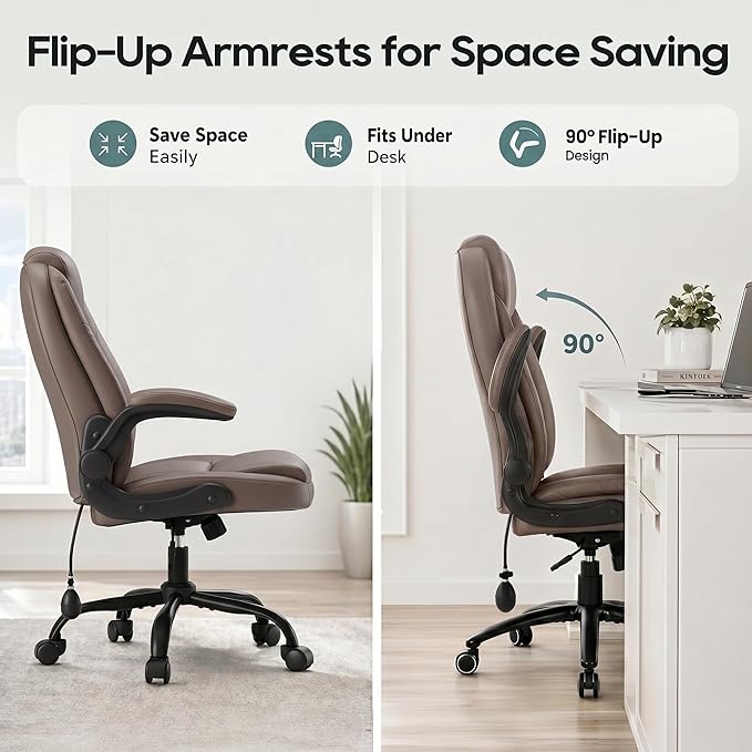 MALOL Leather Office Chair with Adjustable Lumbar Support Set of 2, Brown | Computer Desk Chair with Thick Cushion, Flip-Up Arms and Ergonomic Back, Comfy Executive Office Chair for Home Office Gaming - Image 8