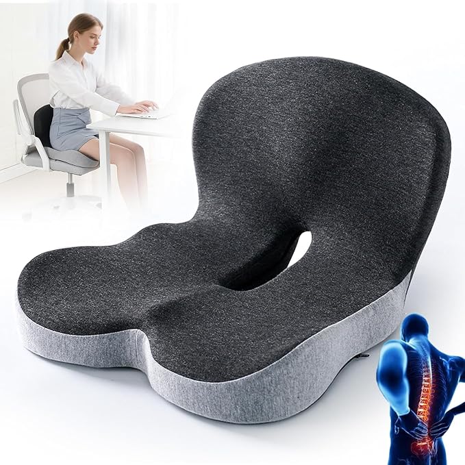 Memory Foam Seat Cushion with Lumbar Back Support, L-Shaped Integrated Ergonomic Coccyx Pad, Non-Slip Breathable Cushion for Comfort, Office Chair Car Wheelchair (Black+Gray) by Unknown