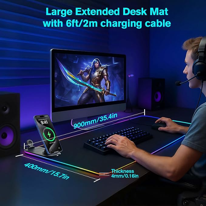ELUTENG 4 in 1 RGB Gaming Mouse Pad with Wireless Charging Mat for Office | Waterproof Large Desk Mat 35.43"x15.75", Ultra-Smooth Non-Slip Keyboard Pad for Home Office - Image 3