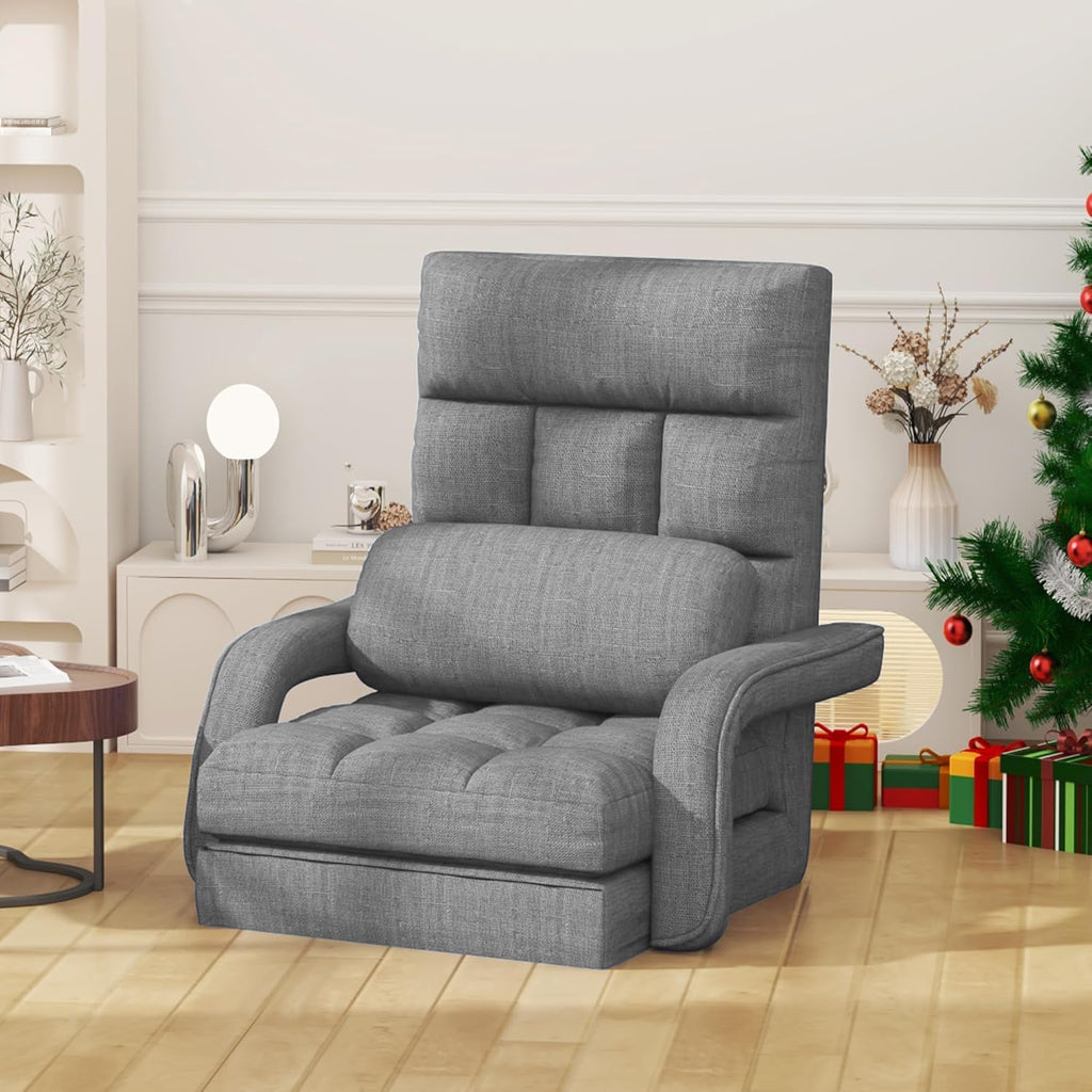 Floor Gaming Chair with 6 Adjustable Position, Foldable Lazy Sofa Chair with Armrest for Adult, Comfy Chaise Lounge Indoor, Breathable Floor Bed Sleeper for Bedroom, Yoga, Dorm by EazeHome