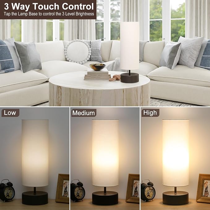 3 Way Dimmable Touch Control Table Lamp, Bedside Table Lamp with Dark Brown Base, Modern Nightstand Lamp with Beige Shade, Simple Night Light for Bedroom Living Room Home Office, 9W LED Bulb Included - Image 3