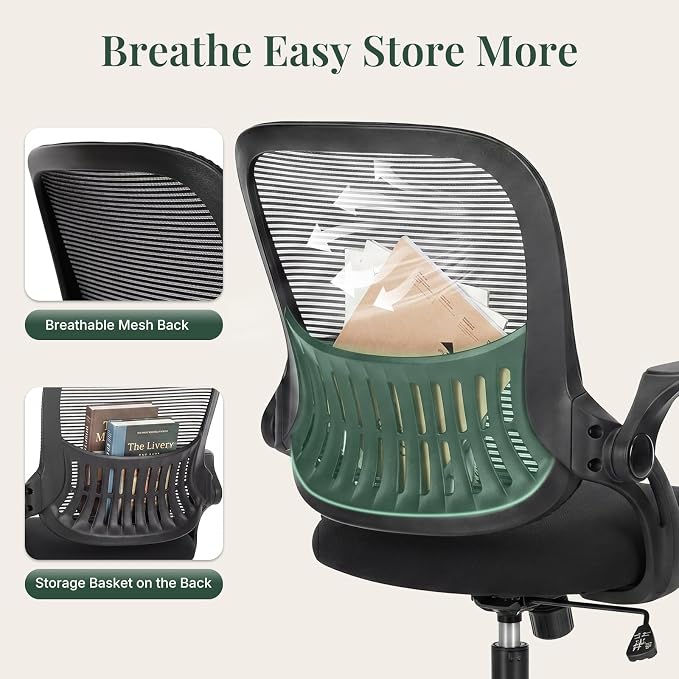 Home Office Desk Chair with Flip-up Armrest, Computer Chair | Lumbar Support, Height Adjustable, Mesh Mid-Back, Ergonomic Task Gaming Chair with 360° Swivel Wheels for Adults, Black - Image 7