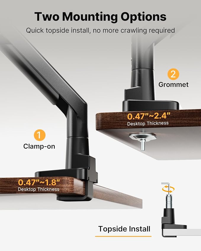 monTEK Heavy-Duty Monitor Arm for 17-57" Ultrawide, 59.4 lbs, Black | Pneumatic lift, quick-release VESA 75/100 plate, full motion, clamp/grommet bases and hidden cable routing - Image 7