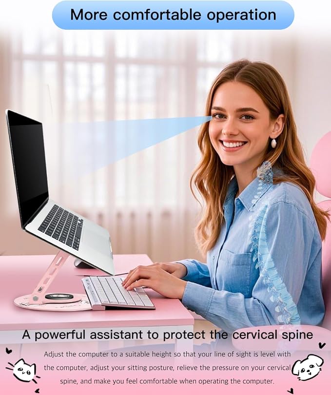 Upgraded Pink Swivel Laptop Stand - 360° Rotating Base & Foldable|Cute Dog Patterns for Healing Vibe|Fits MacBook & 13-15" Laptops|Ideal for Desk Work,Office,Travel,Home,Painting - Image 2