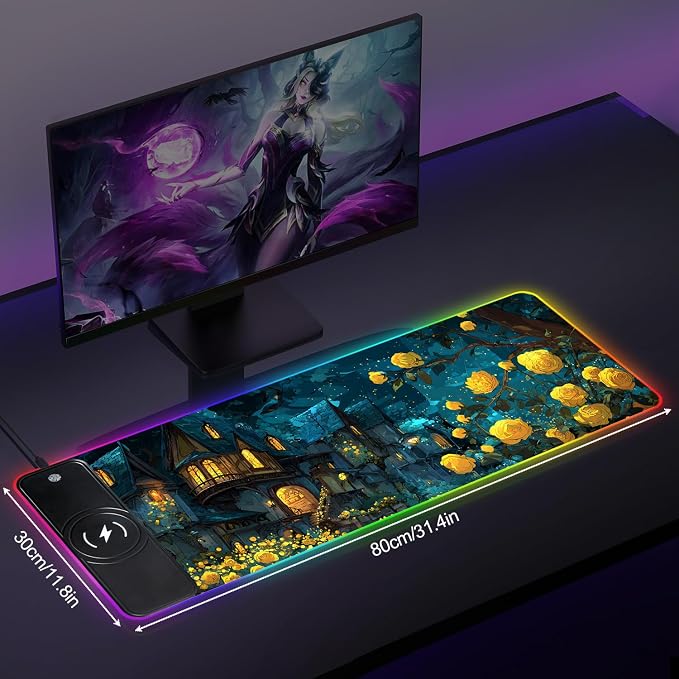 Wireless Charging RGB Gaming Mouse Pad, 31.5 x 11.8 Inch Extended Mouse Mat with Fantasy Castle & Rose Design, LED Desk Pad with 7 Lighting Modes, Non-Slip Base for Gaming & Office - Image 2