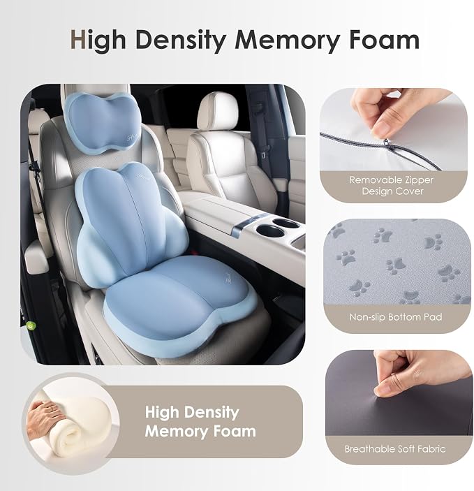 3 PCS Seat Cushion for Carseat Lumbar Support Pillow Car Neck Headrest Pillows Ultrathick Memory Foam Seat Pads Pressure Relief Back Cushion for Office Chair(Blue) - Image 3