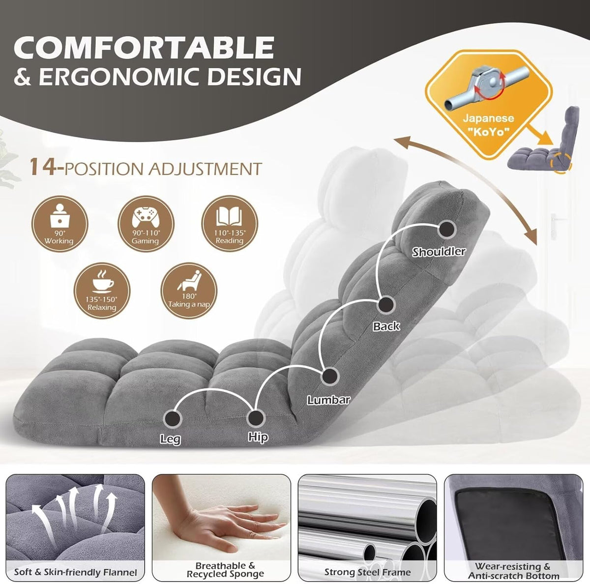 Folding Floor Gaming Chair 14-Poistion Cushioned Adjustable Floor Lazy Sofa Chair w/Breathable Cotton & Skin-Friendly Coral Velve for Adults & Kids Perfect for Reading Gaming Meditating, Grey - Image 5