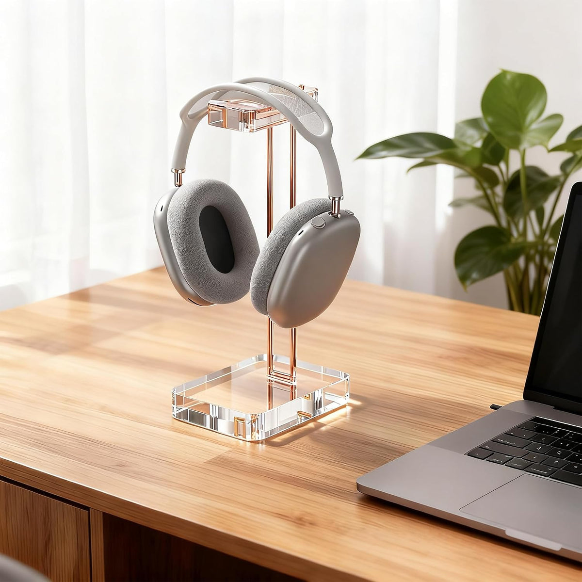 Headphone Stand Headset Holder for Desk, Solid Christal-Clear Acrylic with Rose-Gold Hardware Earphone Hanger for Gaming Room Office Accessories - Image 2