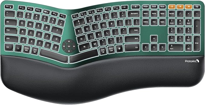 ProtoArc EK01 Plus Backlit Bluetooth Ergonomic Keyboard, Full Size, Green | Adjustable brightness, split design, cushioned wrist rest, connect 3 devices via Bluetooth/2.4G, 2000mAh USB-C rechargeable. by ProtoArc