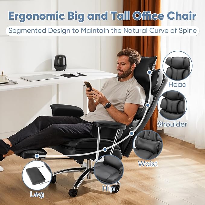DUMOS Ergonomic Home Office Desk Chair, Executive Chair, PU Leather | Big Tall High Back, Lumbar Support, Reclining Height Adjustable, Computer Gaming, Footrest Swivel Wheels, Black - Image 4