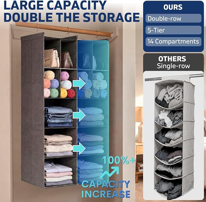 5 Tier Hanging Closet Organizer, 14 Compartments Dual Row Storage, Grey | Closet Organizers and Storage with Large & Small Pockets, 3 Sturdy Hooks Support Heavy Loads, Ideal for Dorm, Garment Rack - Image 3