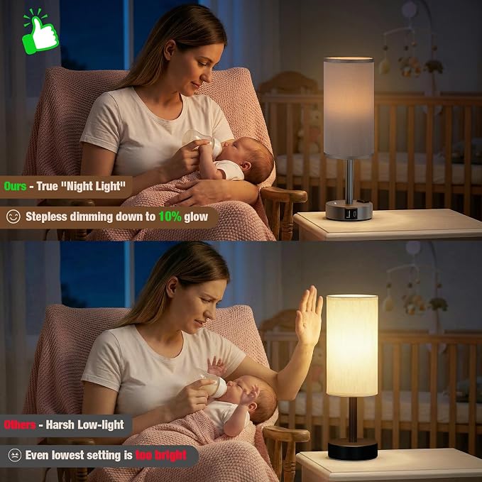 Grey Touch Bedside Lamp for Bedroom, Stepless Dimmable, USB A+C, AC Outlet | Base Touch Button Only, Memory Brightness, Ultra-dim Night Light, Included Bulb for Optimal Dimming, Grey Fabric Shade, Desk - Image 5
