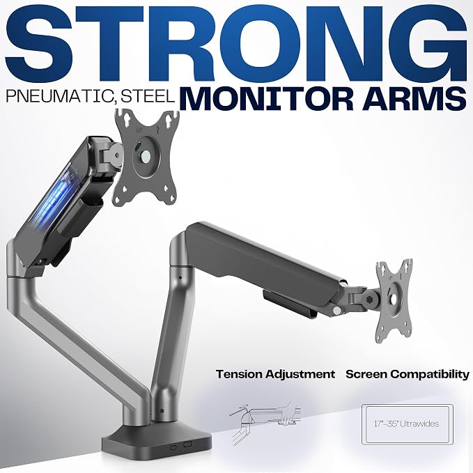 VIVO Dual Pneumatic Arm Ultra-Wide Monitor Mount for up to 35 inch Screens, Holds 26.4 lbs per Arm, Desk Mount Monitor Stand for 2 Ultrawides, Black, STAND-V200O - Image 3