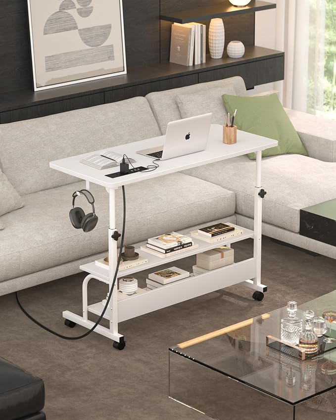 32" Rolling Standing Desk with Charging Station for Couch Bed | Height Adjust 27.5-41", 2 AC/3 USB, Mobile 4 Lockable Wheels, 2-tier Shelves Hook, Safe Corner Fast Assembly - Image 8