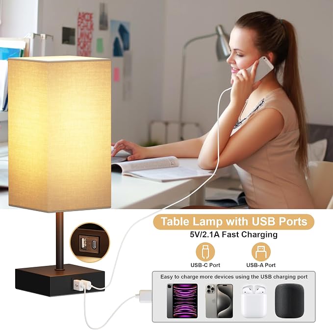 Bedside Table Lamp for Bedroom with 2 USB Ports, 14-Inch, Beige | USB A+C Ports, Touch 3-Way Dimmable LED Bulb Included Fabric Lampshade Metal Base Small Nightstand Lamp for Desk Living Room - Image 3
