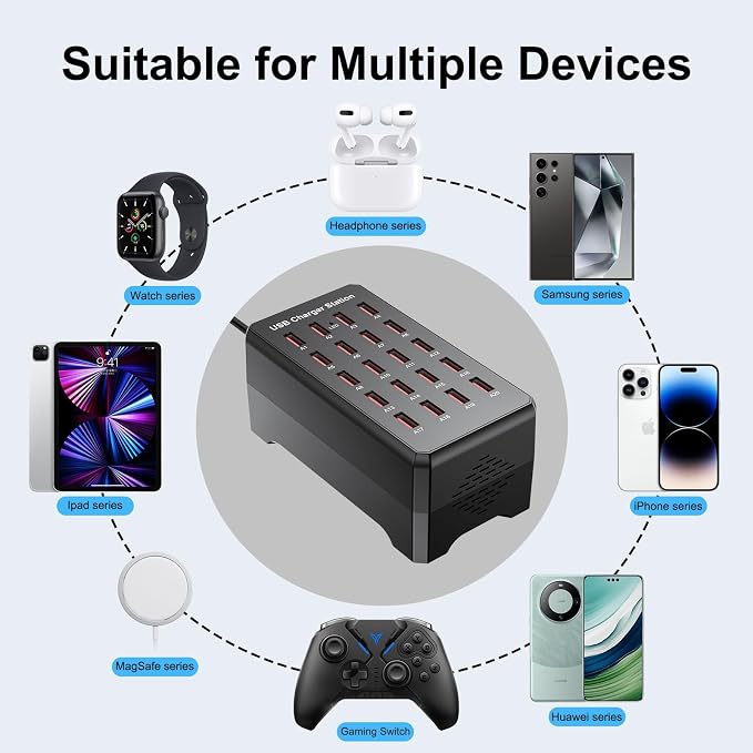 100W 20-Port USB Charging Station for Multiple Devices | USB Charging Hub Compatible with iPhone, Android Tablet and More-Desktop Charger for Home, Office & Entrepreneur - Image 3