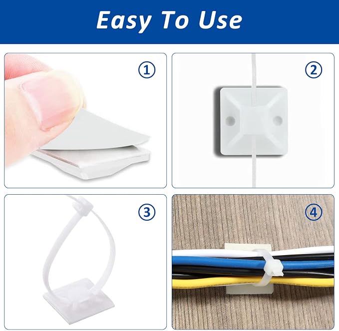 Strong Back-Glue Self Adhesive Cable Zip Tie Mounts Kit - 100 Set Cable Management Clips with 6" Zip Ties, Wire Holders - Outdoor Sticky Wire Organizer Clips - White - Image 6