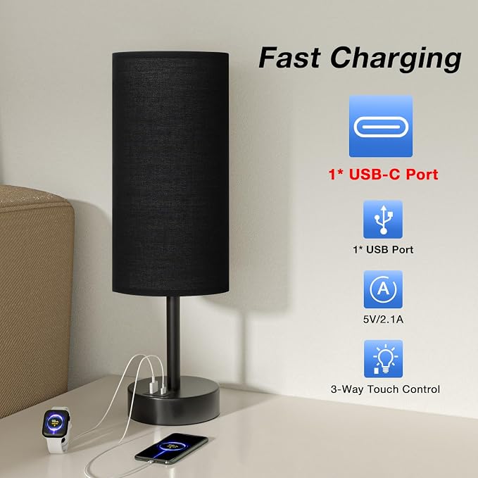 Black Touch Table Lamp for Bedroom - Small Bedside Desk Lamp for Kids | USB A+C Ports, 3-Way Dimmable, LED Bulb Included, Black Fabric Lampshade, Matt Black Metal Base, 14" Night Stand Lamp - Image 2