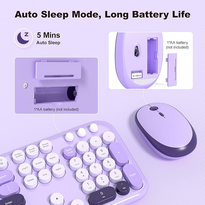 MOFII Wireless Keyboard and Mouse Combo, 2.4GHz Retro Typewriter Keyboard Full Size and Silent Mouse, 2-in-1 USB Receiver Plug and Play, for Laptop, PC, Desktop, Windows (Violet) - Image 7