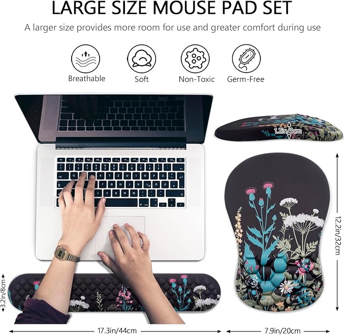 Mouse Pad Wrist Support, Laokiiy 2 in1 Keyboard Wrist Rest+ Ergonomic Mouse Pad, Non-Slip Wrist Rest for Computer Keyboard, Made Easy Typing & Relieve Wrist Pain(Flower) - Image 5