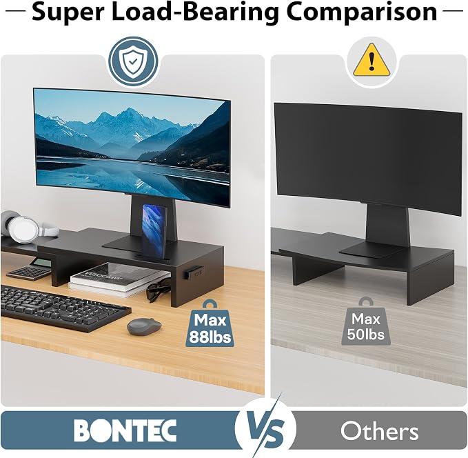 BONTEC Dual Monitor Stand Riser, Adjustable Length & Swivel Angle, Black | Ergonomic Wooden Desktop Organizer with Smartphone Holder, Computer Monitor Stand for PC, Laptop, Printer and Large Storage - Image 5