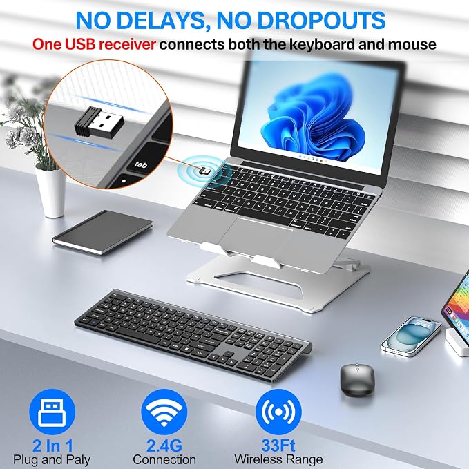 Wireless Keyboard and Mouse Combo, Ultra Slim Full Size Silent Keyboard | Quiet scissor switch keys, ultra slim design, 3 DPI adjustable mouse, 2.4GHz USB, for Computer,Windows, Mac, Laptop, PC - Image 3