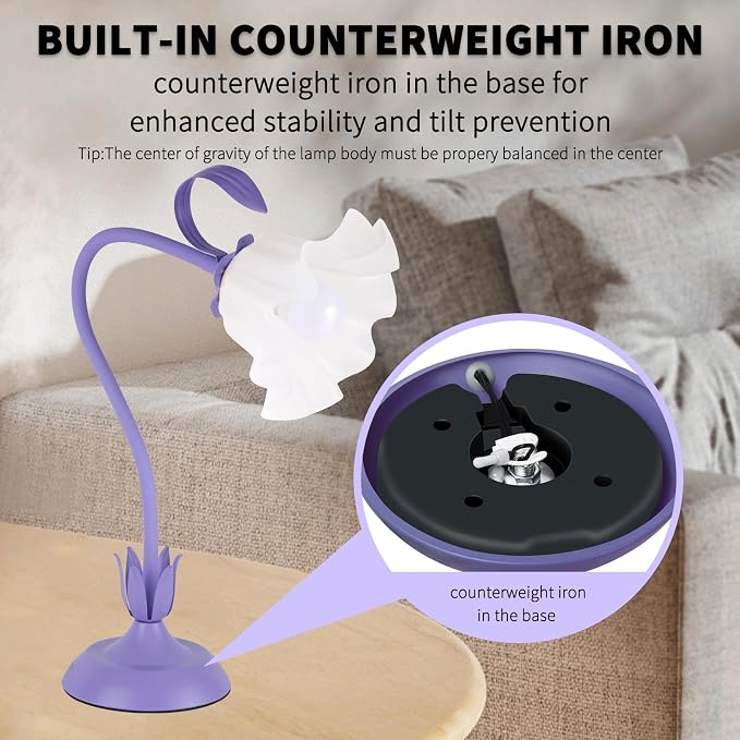 Cute Flower Desk Lamp, 3 Color Temperature Table Lamp with LED Bulb, Vintage Bedside Lamps, Reading Lamps with Soft Light for Bedroom, Living Room（Purple） - Image 6