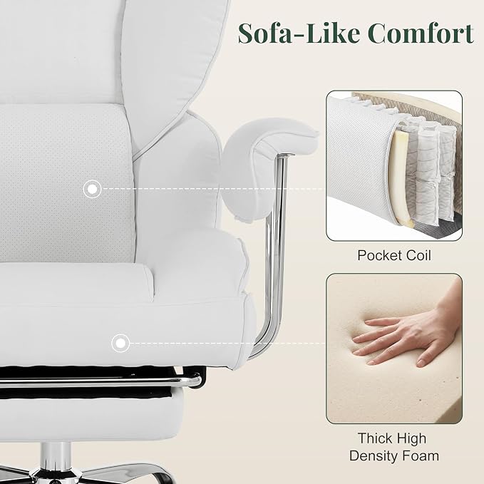 Big and Tall Office Chair 400 LBS, for Adults, Home Office | PU Leather, Executive Ergonomic Desk Chair with Footrest, Lumbar Support, Wide Seat ,Reclining, Beige - Image 5
