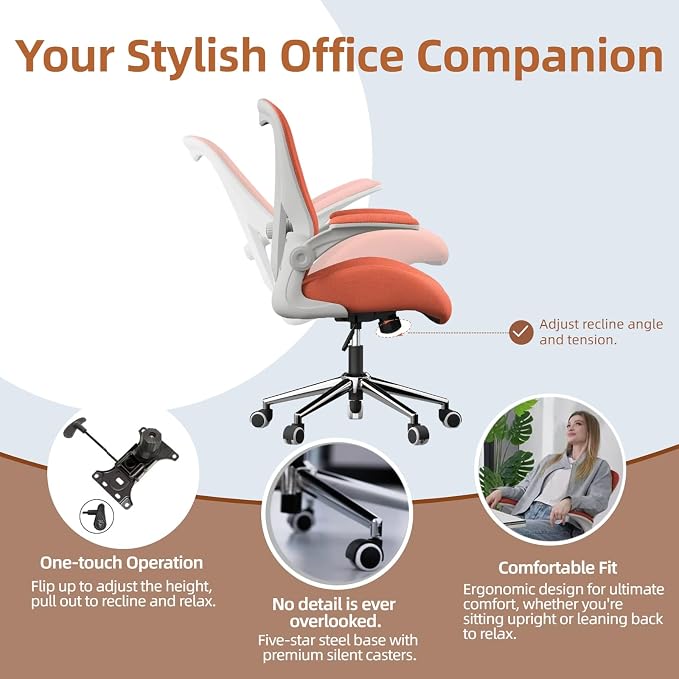 Orange Ergonomic Office Desk Chair, Soft Fabric Thickened Curved seat Cushion with Adjustable Lumbar Support, Perfect Blend of Comfort and Good Looks, Ideal Chair for Home or Office, Orange - Image 6