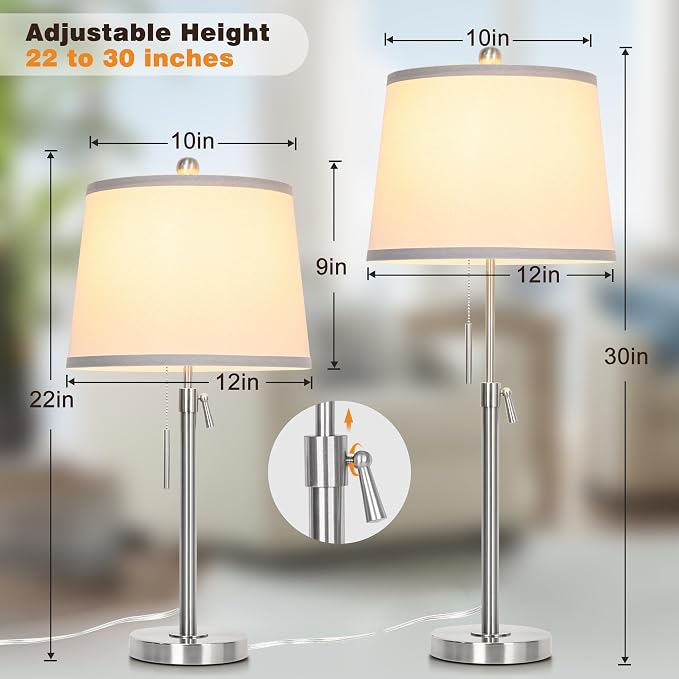 Brushed Nickel Modern Table Lamps Set of 2 Adjustable Height 22" to 30" Silver Nightstand with White Linen Shade 3 Brightness Way Pull Chain Switch Bedside Lamps for Living Room Office(Bulbs Included) - Image 3