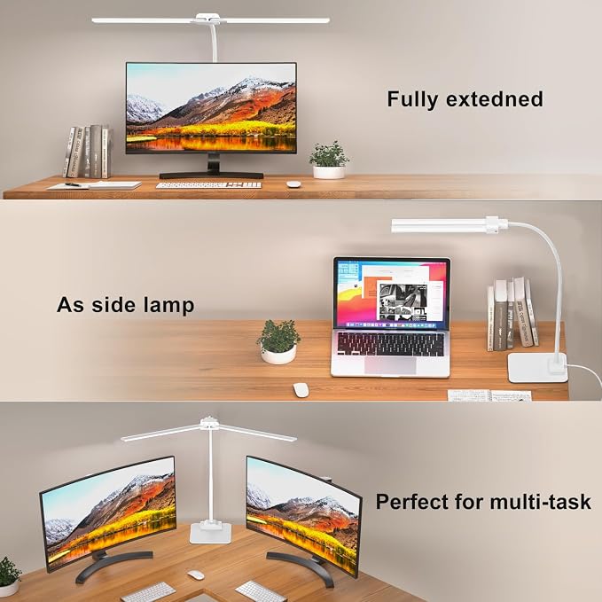 LED Desk Lamp Double Light: 1200LM Desk Light Base for Home Office, White | Dual Screen Computer Monitor Light, Architect Table Lamp for Working Reading Drafting,Dimmable 4 Colors Memory 30-Min Timer - Image 2