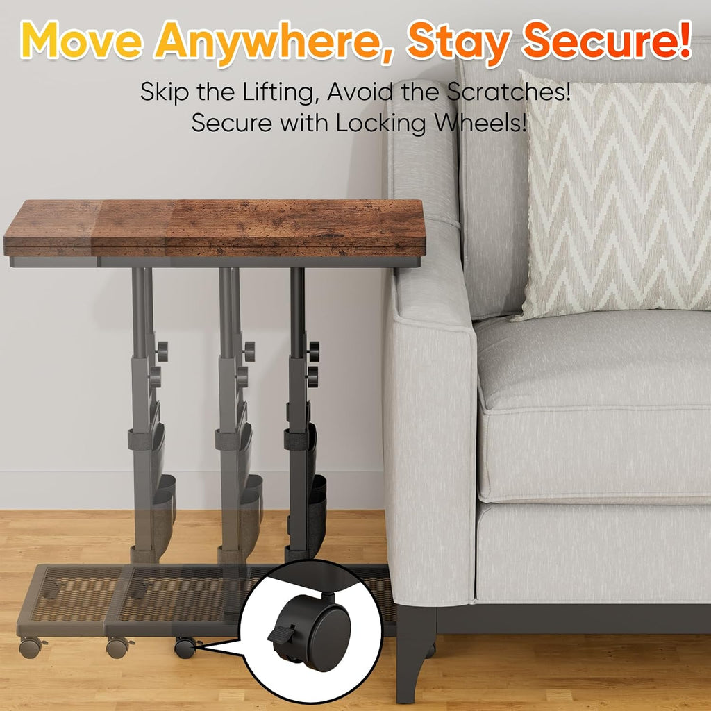 Aduanbang TV Tray Table, C-Shaped End Table, 6-Level Adjustable Height,Sofa Side Desk for Couch, Bed, Chair, Living Room (Brown) - Image 6