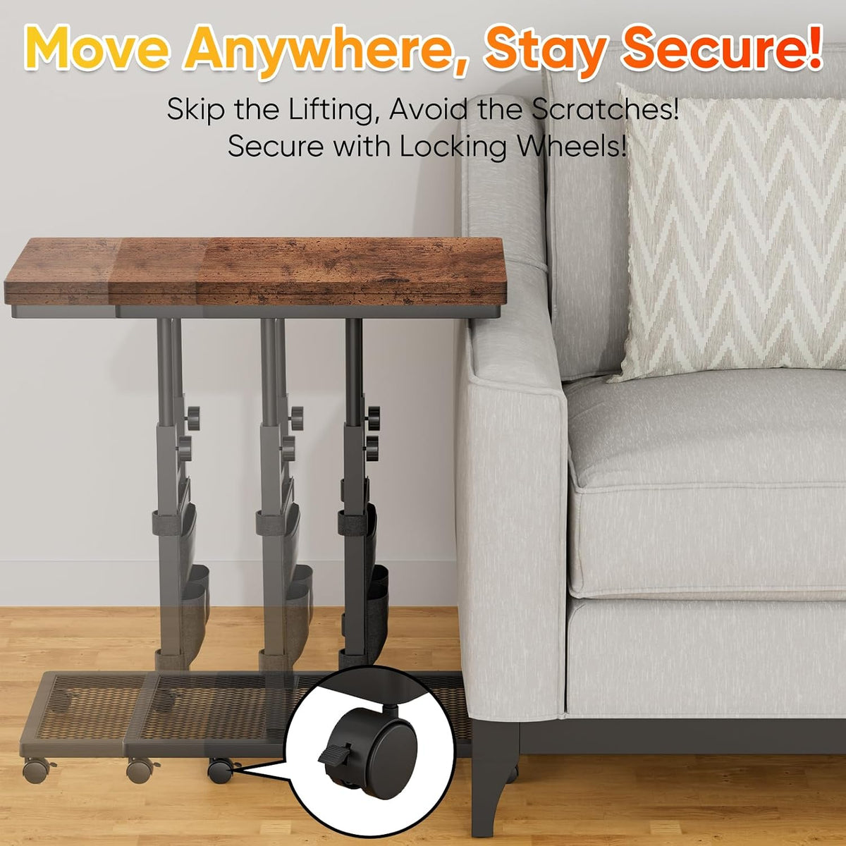 Aduanbang TV Tray Table, C-Shaped End Table, 6-Level Adjustable Height,Sofa Side Desk for Couch, Bed, Chair, Living Room (Brown) - Image 6