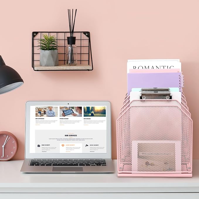 SUMMORO Inclined File Organizer for Desk, 7-Section Vertical File Holder | Office Desk Organizer Metal Rack File Folder, Wire Mesh Desktop Document Sorter, for Office School Classroom Home (Pink) - Image 7