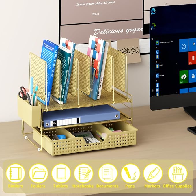 LEKETREE Gold Desk Organizer, Office Organization with Vertical File Holder, File Organizer with Drawer and Pen Holder, Desk Accessories and Workspace Organizers for Home Office (Gold) - Image 2
