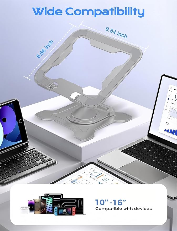 JCZT 360° Rotating Laptop Stand for Desk, Metal Foldable Laptop Riser Gray | Ergonomic Portable Adjustable Laptop Stand, Ventilated Cooling Notebook Holder for MacBook Air Pro, All 10-16'' Laptops - Image 6